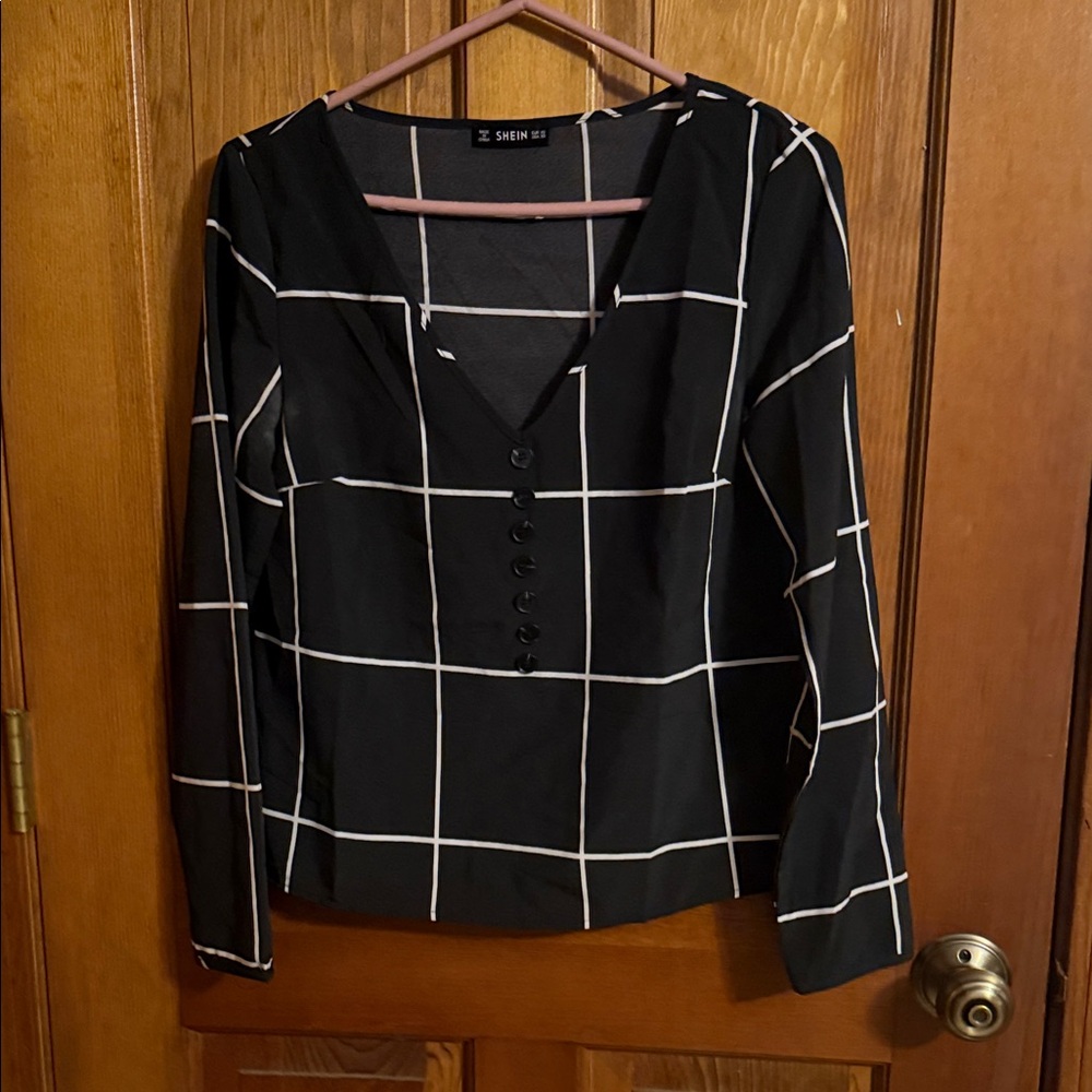 SHEIN Black and White Grid Blouse